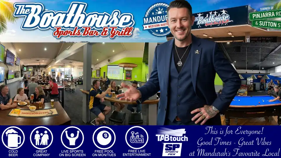 Desmond Harris presenting what is on off at the Boathouse Sports Bar & Grill in Mandurah WA 