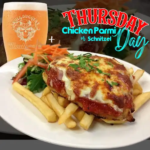 The Boathouse Chicken Parmi served at the Boathouse Sports Bar & Grill in Mandurah WA